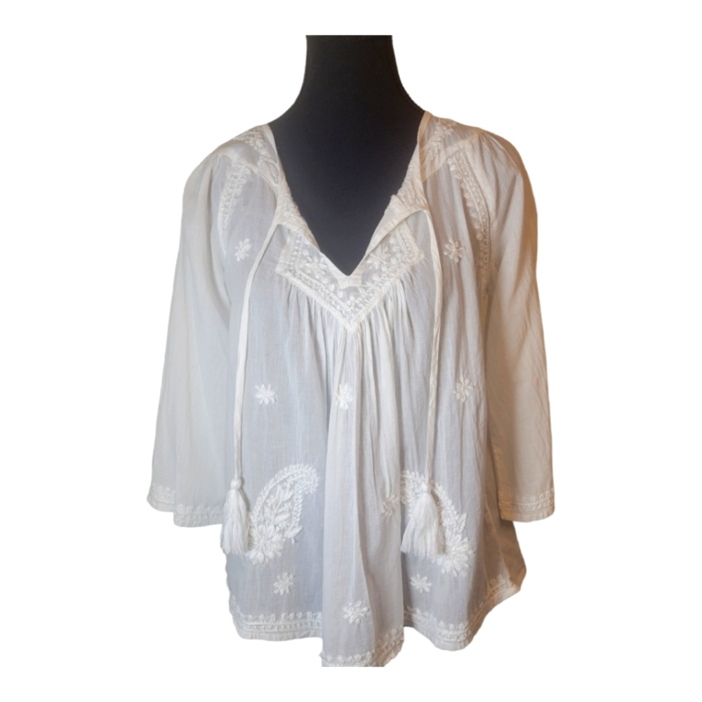 Cynthia Rowley white boho embroidered long sleeve top